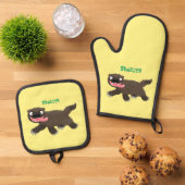 Grappig hongerige cartoon ovenwant & pannenlap set (Top down)