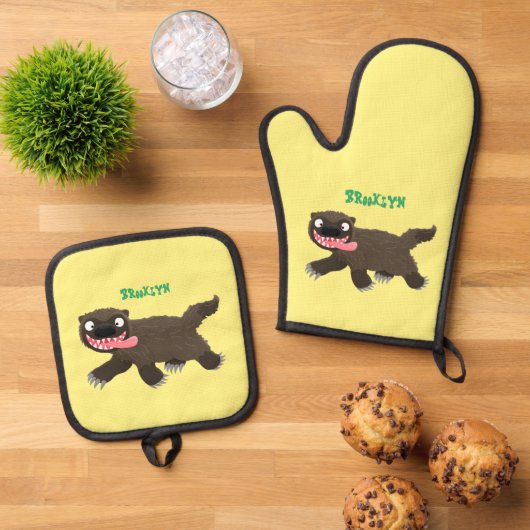 Grappig hongerige cartoon ovenwant & pannenlap set (Top down)