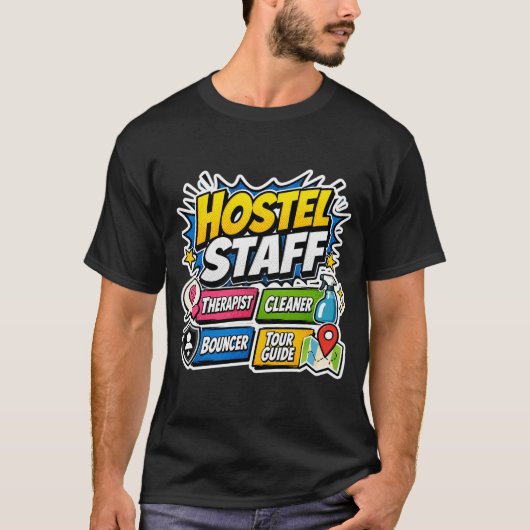 Grappig Hostel Personeel T-Shirt (Voorkant)