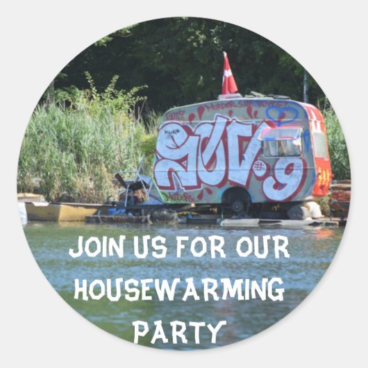 Grappig Huis Warming Party Ronde Sticker (Voorkant)