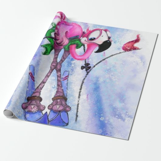 Grappig inpakpapier met roze flamingo skiër (Uitgerold)