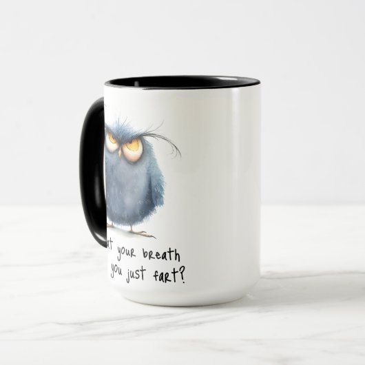 Grappig is dat je adem scheet chagrijnige vogel mok (Voorkant links)