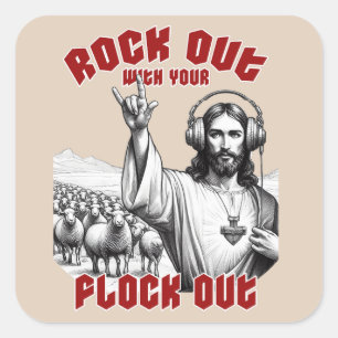 Grappig Jesus Rock Out met je Flock Out Vierkante Sticker