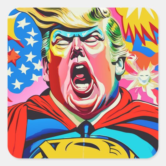 Grappig karikatuur superheld Donald Trump portret Vierkante Sticker (Voorkant)
