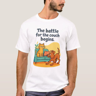 Grappig kat en hond T-shirt - Strijd om de bank
