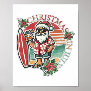 Grappig kerst in juli shirt zomer kerstman surfen poster