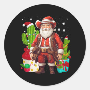 Grappig Kerst Western Cowboy Sinterklaas en Can Ronde Sticker