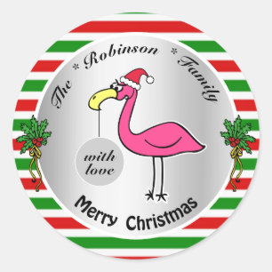 Grappig kerstfeest Flamingo Red en Green Cute Humo Ronde Sticker