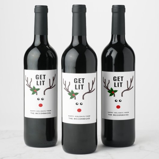 Grappig kerstfeest met rood wit rendiertje wijn etiket (Flessen)