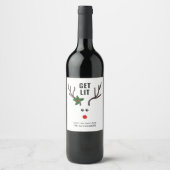 Grappig kerstfeest met rood wit rendiertje wijn etiket (Voorkant)