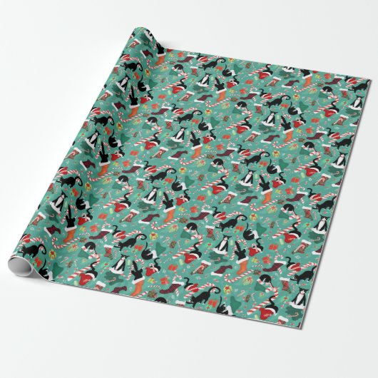 Grappig kerstkatten en kousen cadeaupapier (Uitgerold)