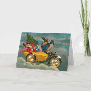 Grappig kerstman die Cadeaus op motorfiets levert Feestdagen Kaart