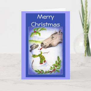 Grappig kerstpaard en Snowman-Humor Feestdagen Kaart
