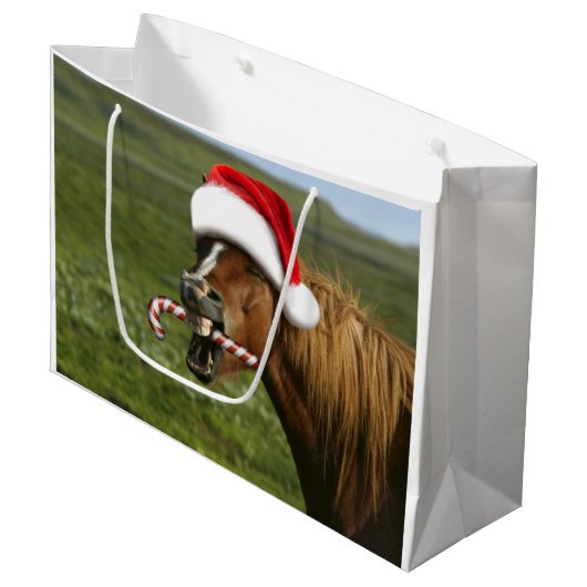 Grappig kerstpaard met kersthoed groot cadeauzakje (Voorkant Gekanteld)