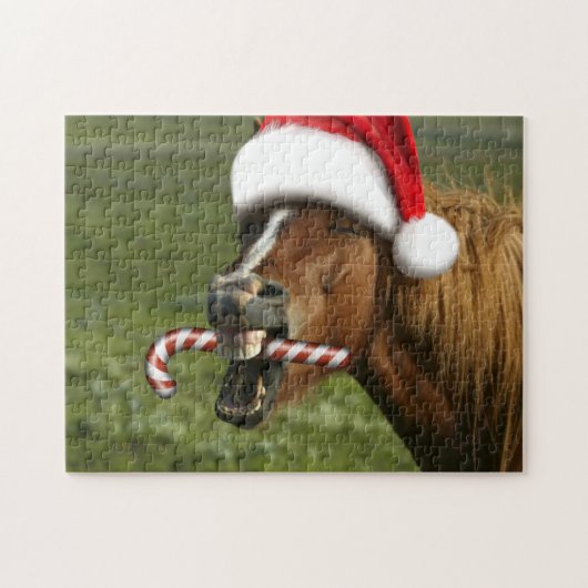 Grappig kerstpaard met kersthoed legpuzzel (Horizontaal)
