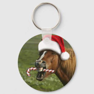 Grappig kerstpaard met kersthoed sleutelhanger