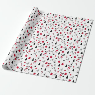 Grappig kerstpatroon van rood, zwart, wit cadeaupapier