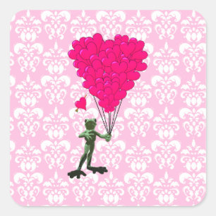 Grappig kikker cartoon en roze hart op vouw vierkante sticker