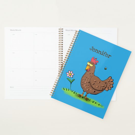 Grappig kippenbijtende witte cartoon planner (Display)