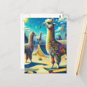 Grappig Kleurrijk Skateboarden Alpaca Briefkaart