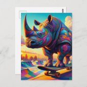 Grappig Kleurrijk Surreal Rhino Skateboarden Briefkaart (Voorkant / Achterkant)