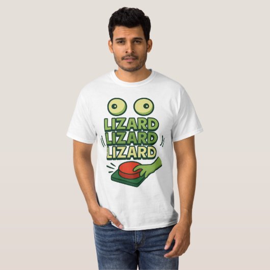 Grappig Knipperend Groen Hagedis die op Button dru T-shirt (Voorkant volledig)