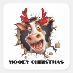 Grappig koe gezicht kerst cartoon mooey xmas vierkante sticker
