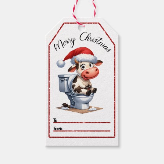 Grappig koe-op-wc kerst label cadeaulabel (Voorkant)