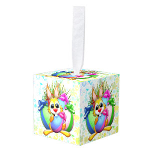 Grappig konijn dat een paasei bijt kubus ornament