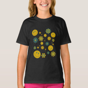 grappig lachend gezicht en groovy bloemen t-shirt