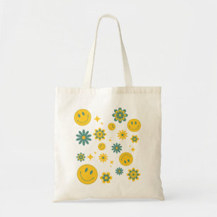 grappig lachend gezicht en groovy bloemen tote bag