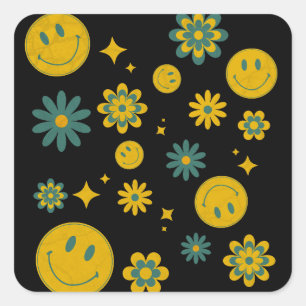 grappig lachend gezicht en groovy bloemen vierkante sticker