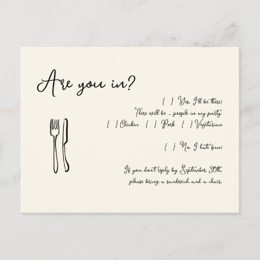 Grappig & Leuk Script Wedding RSVP Briefkaart (Voorkant)