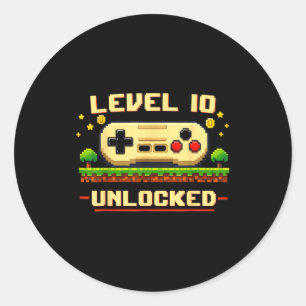 Grappig level 10 ontgrendeld videospel 10e verjaar ronde sticker