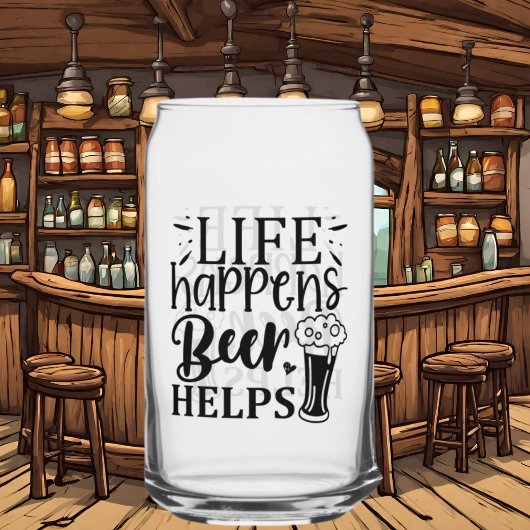 Grappig leven gebeurt bier helpt word art blikvorm glas