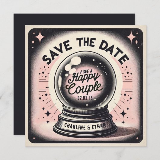 Grappig Magic Ball Roze zwart Save the date (Voorkant / Achterkant)