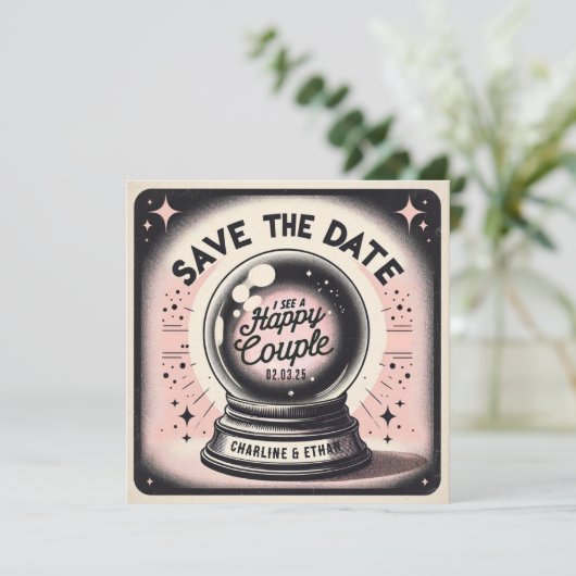 Grappig Magic Ball Roze zwart Save the date (Staand voorkant)