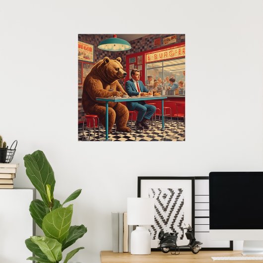 Grappig Man en Beer bij Retro Diner Poster (Thuiskantoor)