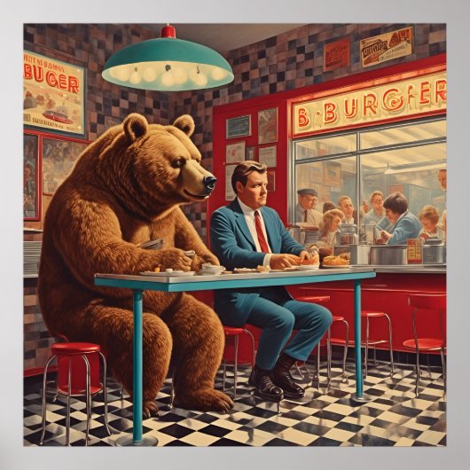 Grappig Man en Beer bij Retro Diner Poster (Voorkant)