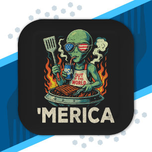 Grappig ’Merica Alien BBQ Grillende Patriotische R Papieren Bordje
