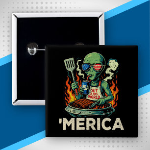 Grappig ’Merica Alien BBQ Grillende Patriotische R Vierkante Button 5,1 Cm