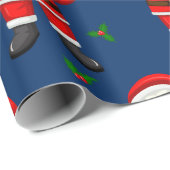 Grappig Merry Christmas Leaf Custom Santa Face Blu Cadeaupapier (Rol Hoek)