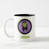 Grappig monster van Frankenstein Halloween Tweekleurige Koffiemok (Links)