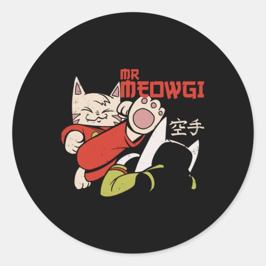 Grappig Mr Meowgi Karate Cat Meow Design Mannen Vr Ronde Sticker (Voorkant)