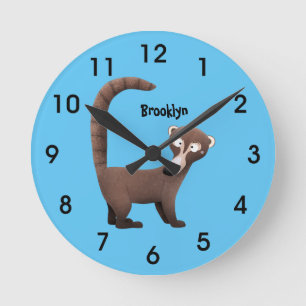 Grappig nieuwsgierig coatimundi cartoon illustrati ronde klok