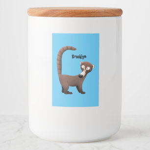 Grappig nieuwsgierig coatimundi cartoon illustrati voedselcontainer etiket