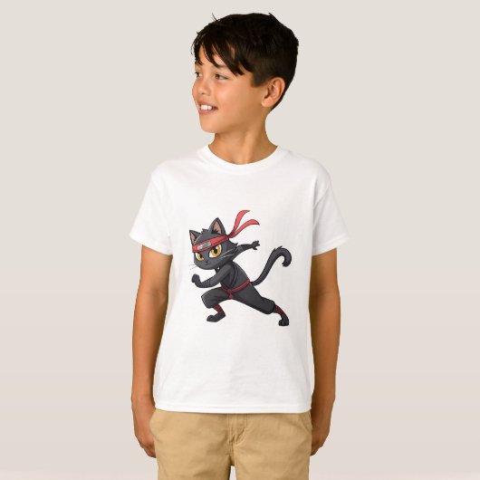 Grappig Ninja Cat Cartoon Grafisch Ontwerp met Sch T-shirt (Voorkant volledig)