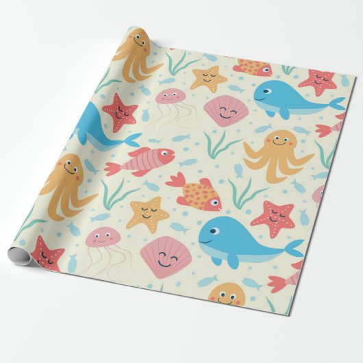 Grappig onder het Zee Creatures Ocean Pattern Cadeaupapier (Uitgerold)