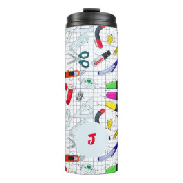 Grappig ontwerp met schoolspullen. Aangepast initi Thermosbeker