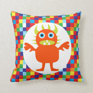 Grappig Oranje monster met heldere kleurenblokken Kussen